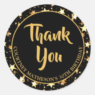 30th Birthday Black Gold Stars THANK YOU Classic R Classic Round Sticker