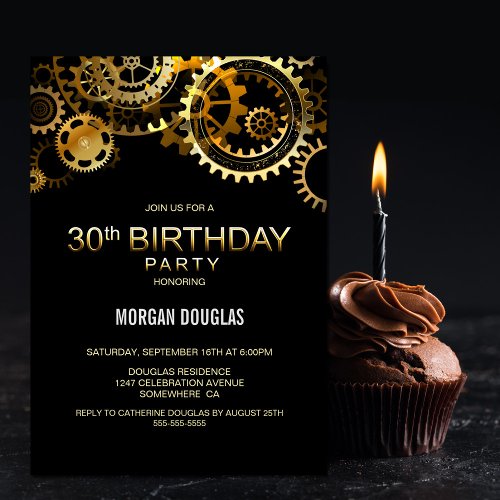 30th Birthday Black Gold Steampunk Watch Gears Invitation