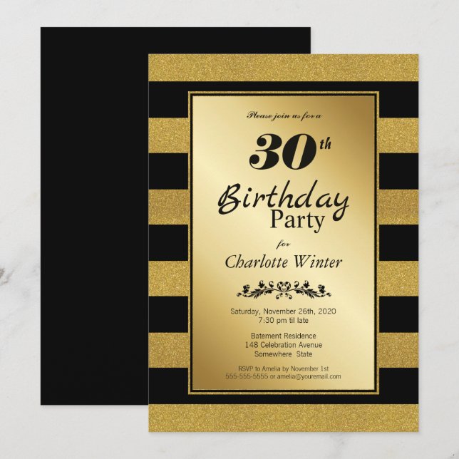 30th Birthday Black Gold Striped Party Invitation (Front/Back)