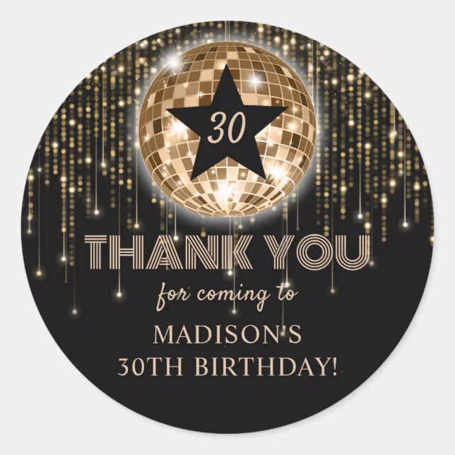 30th Birthday Black Gold Thank You Sticker | Zazzle