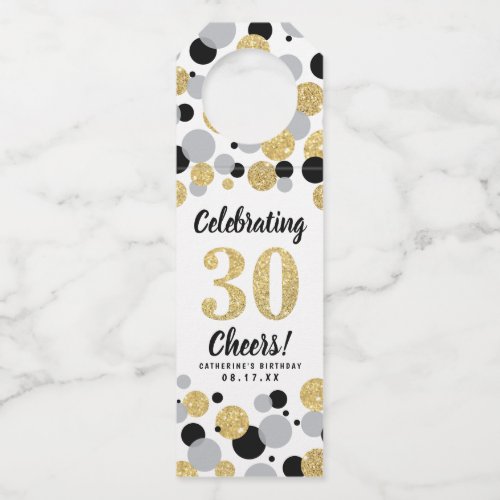 30th Birthday Black Gray Gold Glitter Confetti Bottle Hanger Tag