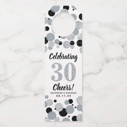 30th Birthday Black Gray Silver Glitter Confetti Bottle Hanger Tag