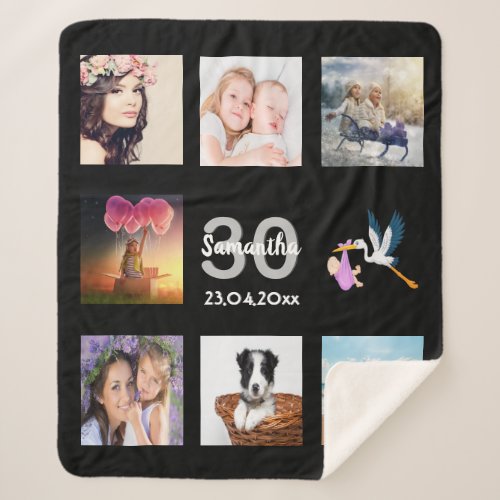 30th birthday black photo collage name sherpa blanket