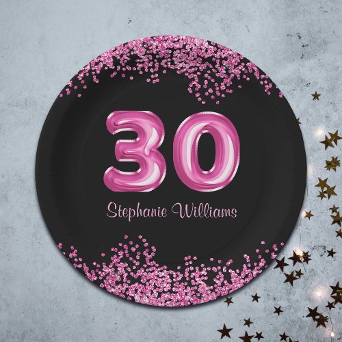 30th Birthday Black Pink Balloons Faux Glitter Paper Plates