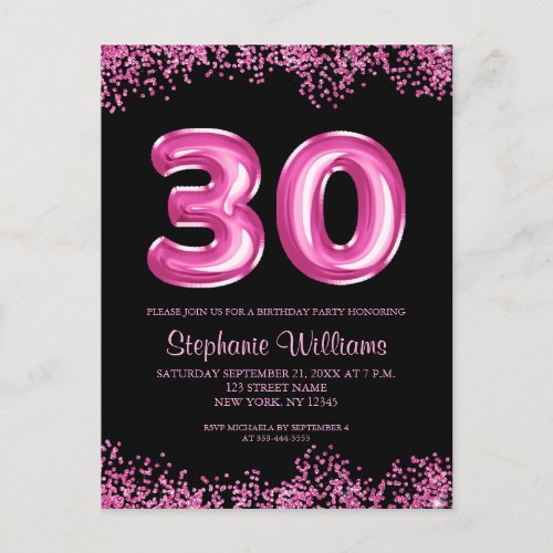 30th Birthday Black Pink Balloons Glitter  Invitation Postcard