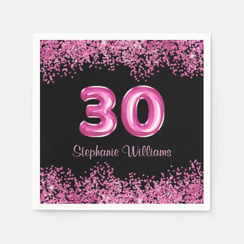 30th Birthday Black Pink Balloons Glitter  Napkins