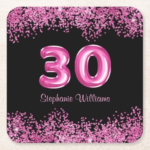 30th Birthday Black Pink Balloons Glitter  Square Paper Coaster