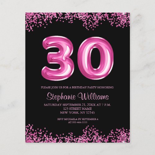 30th Birthday Black Pink Budget Invitation  Flyer