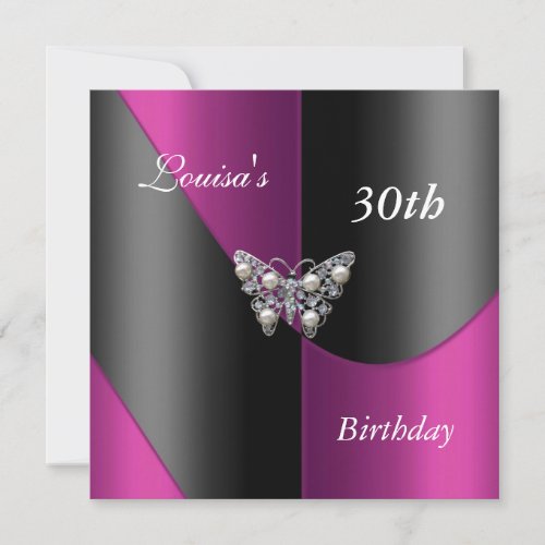 30th Birthday Black Pink Plum Purple Butterfly Invitation