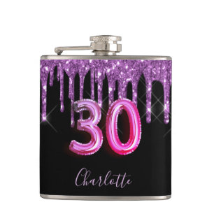 30th birthday black purple glitter script friends flask