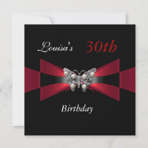 30th Birthday Black Red Butterfly Invite