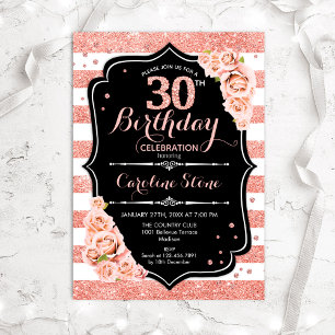 30th Birthday Black Rose Gold and White Stripes Invitation