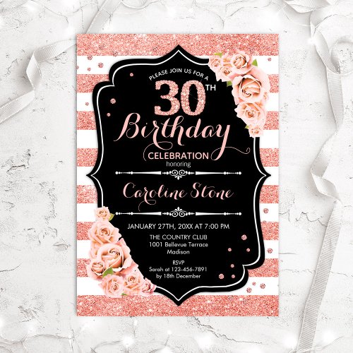 30th Birthday Black Rose Gold and White Stripes Invitation