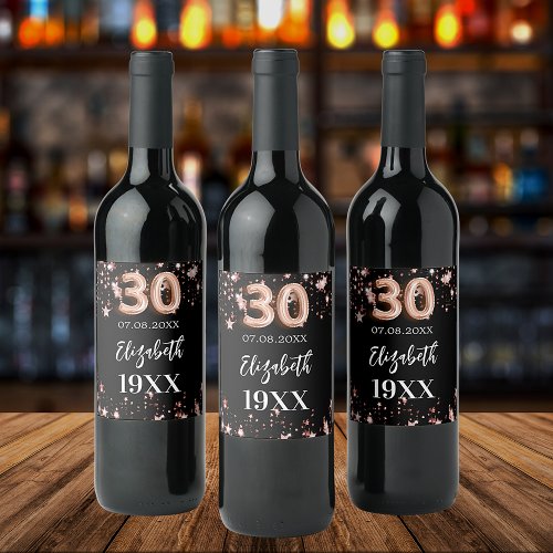 30th Birthday black rose gold stars Wine Label