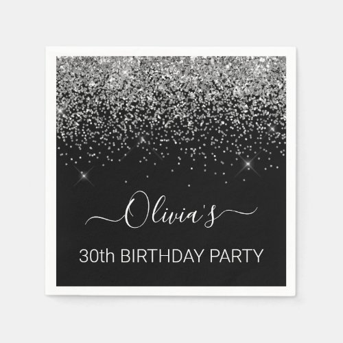 30th Birthday Black Silver Glitter Any Age Napkins