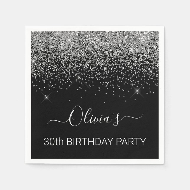 30th Birthday Black Silver Glitter Any Age Napkins (Front)
