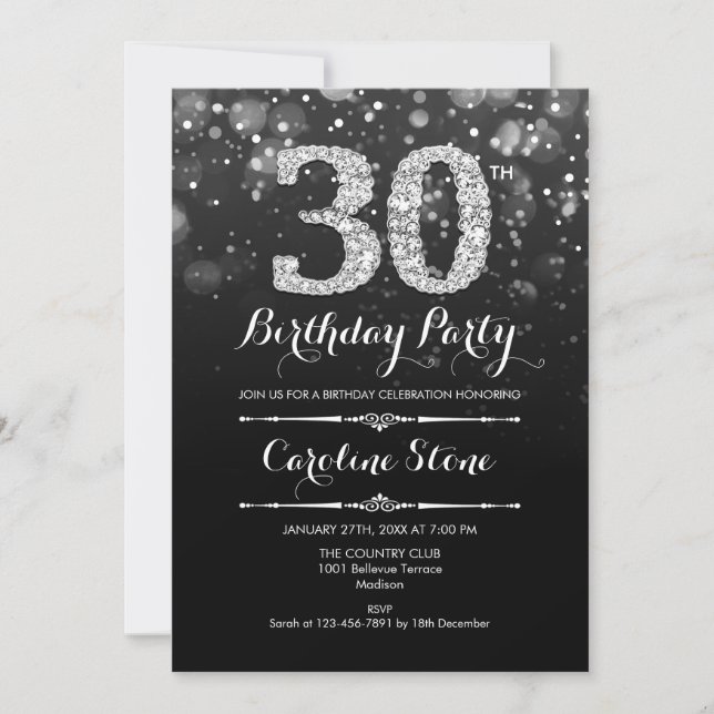 30th Birthday - Black Silver Invitation (Front)