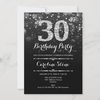 30th Birthday - Black Silver Invitation | Zazzle