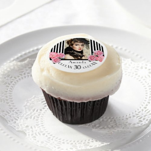 30th birthday black stripes floral photo monogram edible frosting rounds