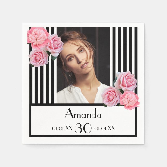 30th birthday black stripes pink floral photo napkins (Front)