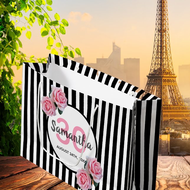 30th birthday black stripes pink florals large gift bag (Creator Uploaded)