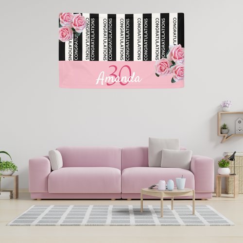 30th birthday black stripes pink florals name banner