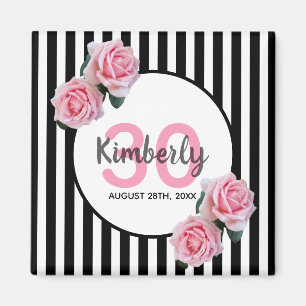 30th birthday black stripes pink florals name magnet