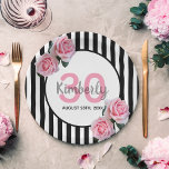 30th birthday black stripes pink florals name paper plates<br><div class="desc">A paper plate for a 30th birthday party. Classic slim black and white vertical stripes as background. With girly and feminine pink roses as decoration. A white and pink frame on front with template for age, name and date. Age number in pink, name and date in black. The name is...</div>