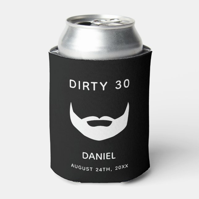 30th birthday black white beard men fun can cooler (Can Front)