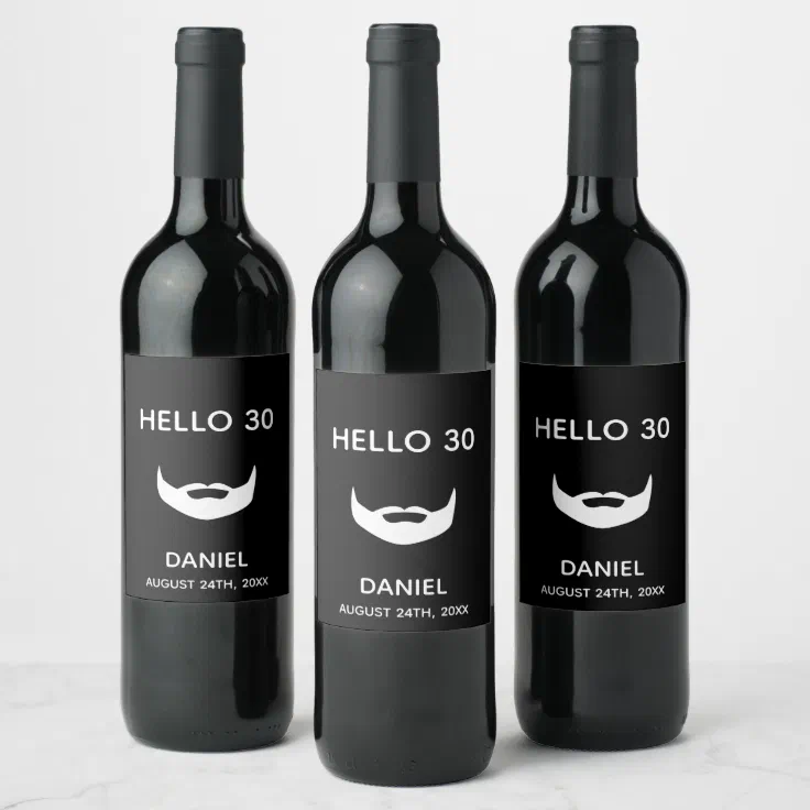 30th birthday black white beard name guy men fun wine label | Zazzle