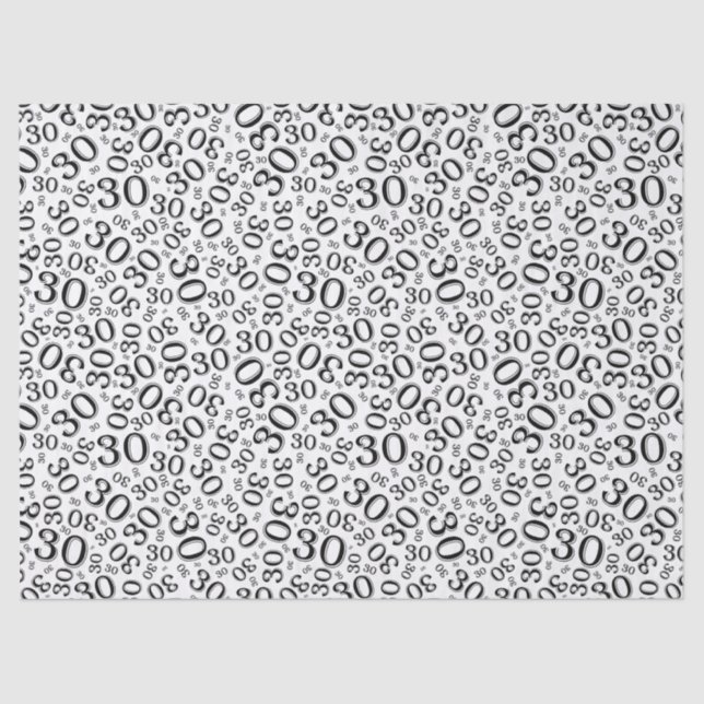 30th Birthday Black/White Collage Number Pattern Tissue Paper (Front)