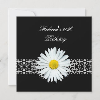 30th Birthday Black White Flower Yellow Invitation