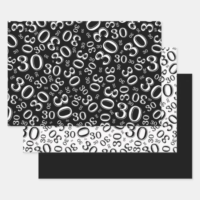 30th Birthday Black & White Number Pattern 30 Wrapping Paper Sheets (Set)