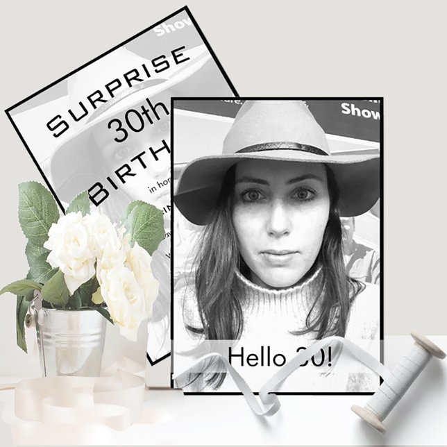 30th Birthday Black White Photo Modern Elegant Invitation (Creator Uploaded)