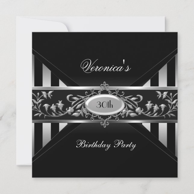 30th Birthday Black White Stripe Silver Floral Invitation (Front)