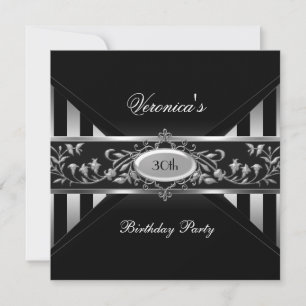 30th Birthday Black White Stripe Silver Floral Invitation