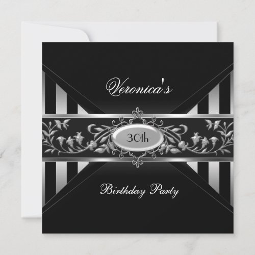 30th Birthday Black White Stripe Silver Floral Custom Invitation
