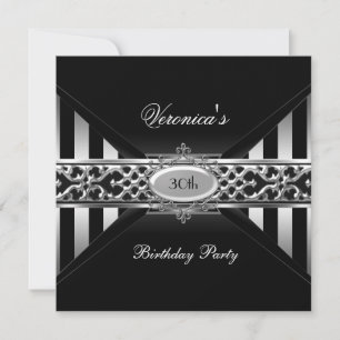 30th Birthday Black White Stripe Silver Invitation