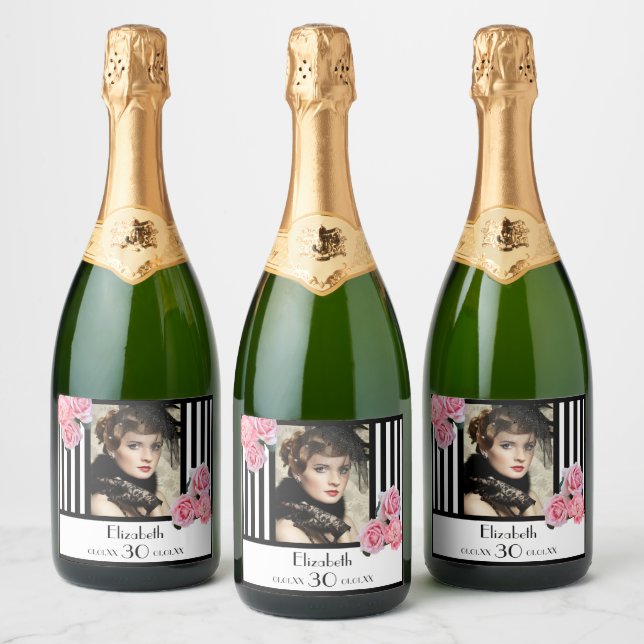 30th birthday black white stripes flowers photo sparkling wine label (Bottles)