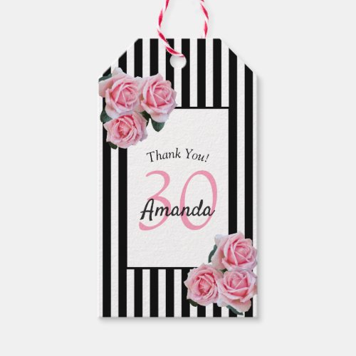 30th birthday black white stripes pink floral name gift tags