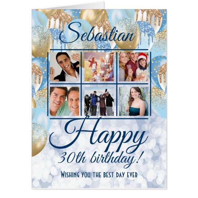 30th Birthday Blue Balloon Photo Template Card (Front)