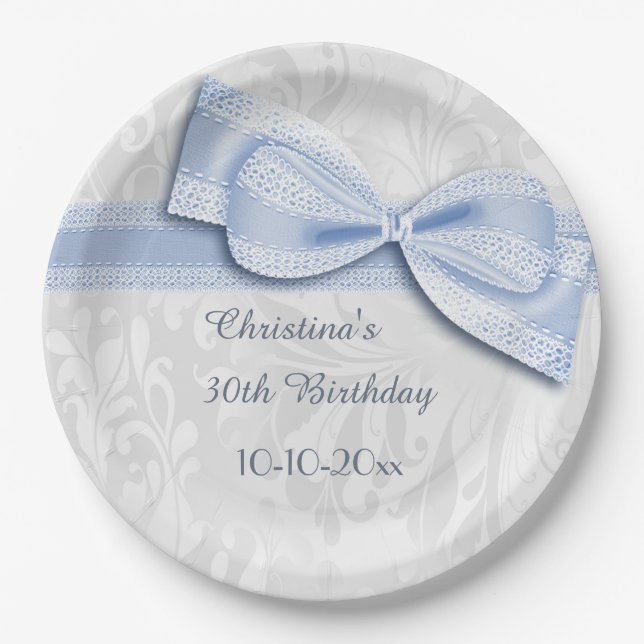 30th Birthday Blue Damask and Faux Bow Paper Plates (Front)