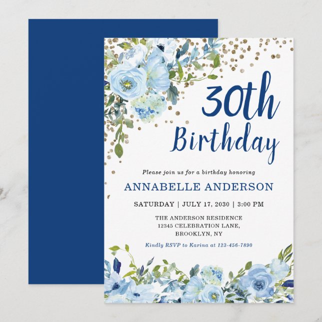 30th Birthday Blue Floral Watercolor Gold Confetti Invitation (Front/Back)