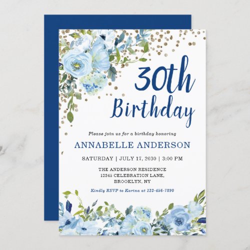 30th Birthday Blue Floral Watercolor Gold Confetti Invitation