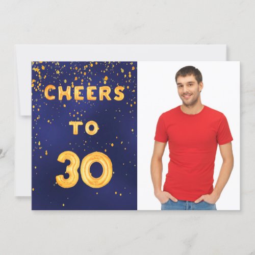 30th birthday blue gold cheers photo guy invitation