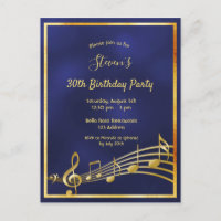 30th birthday blue gold music notes invitation