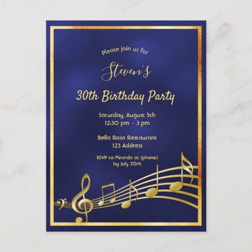 30th birthday blue gold music notes invitation