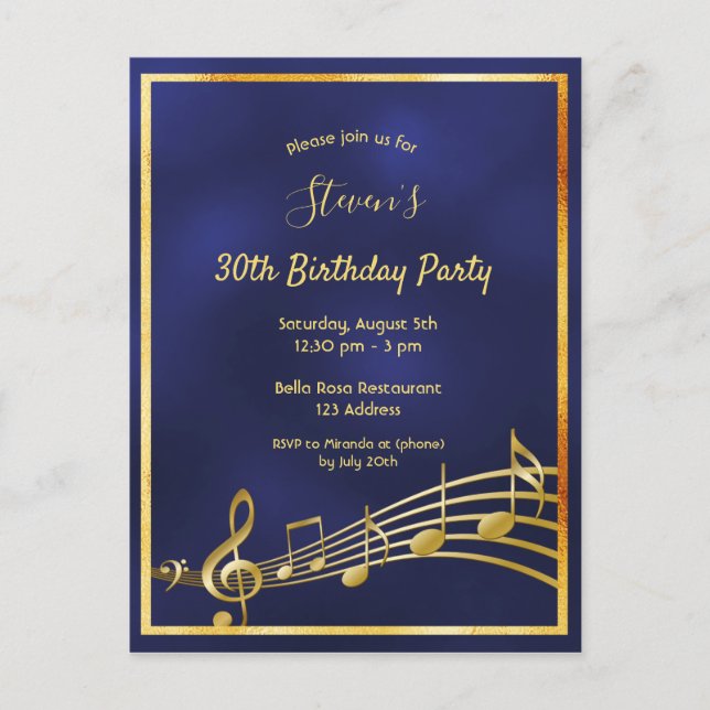 30th birthday blue gold music notes invitation (Front)