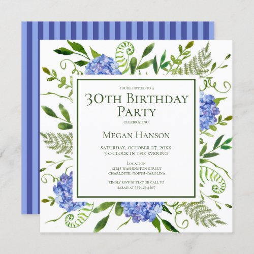30th Birthday Blue Hydrangeas Floral Watercolor Invitation