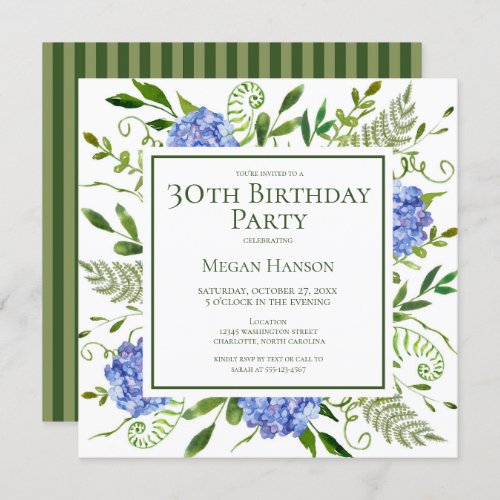 30th Birthday Blue Hydrangeas Floral Watercolor Invitation